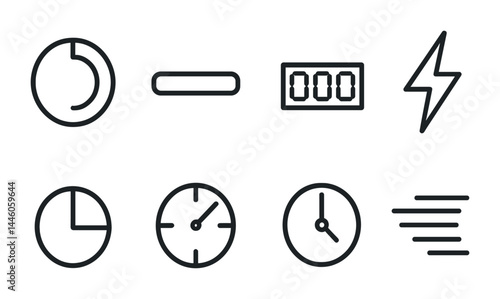 Timers and clocks icon set – outline style time management, stopwatch, countdown symbols: progress circle, battery bar, digital display, lightning bolt, pie chart, stopwatch, clock, lines