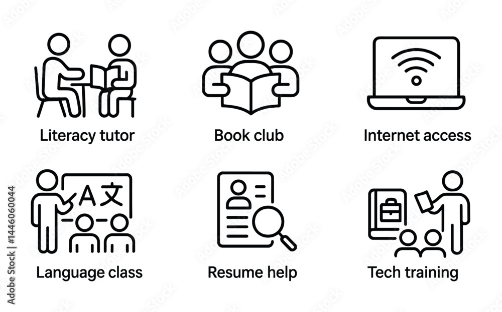 Community education and literacy icon set – outline style learning, tutoring, and digital access symbols for educational tools: literacy tutor, book club, internet access, language class, resume help Community education and literacy icon set – outline style learning, tutoring, and digital access symbols for educational tools: literacy tutor, book club, internet access, language class, resume help