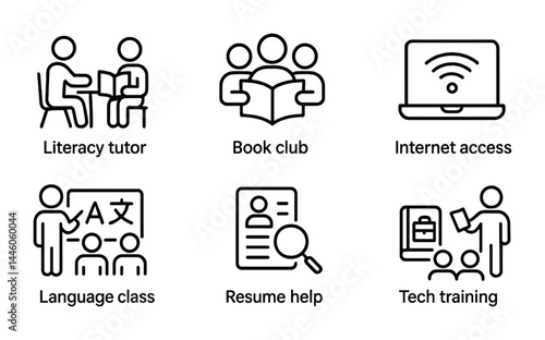 Community education and literacy icon set – outline style learning, tutoring, and digital access symbols for educational tools: literacy tutor, book club, internet access, language class, resume help
