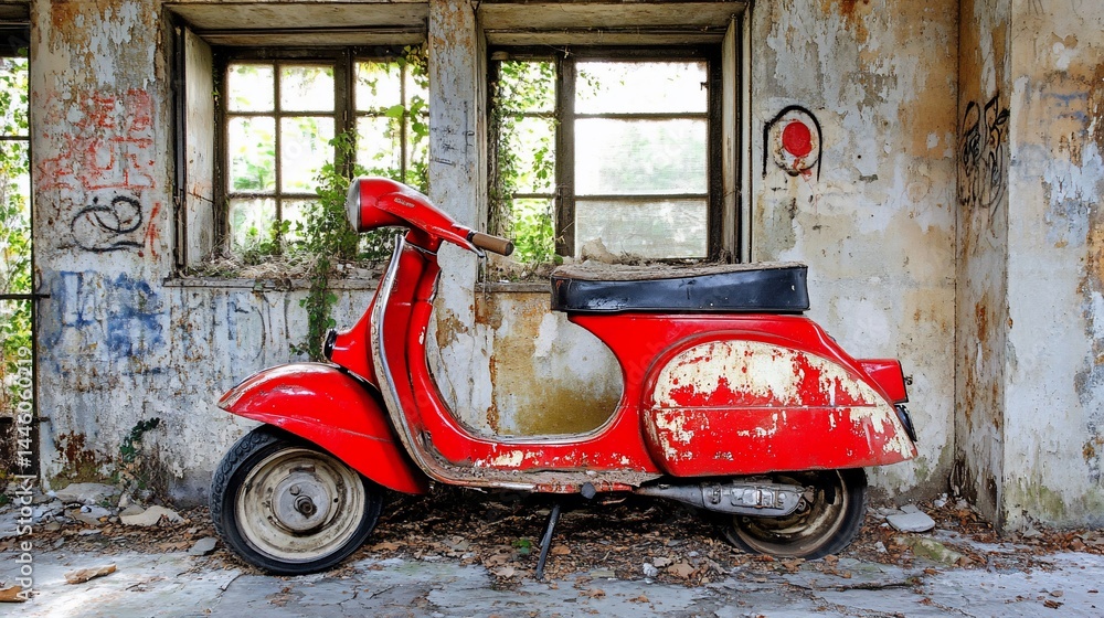 Red scooter in abandoned building