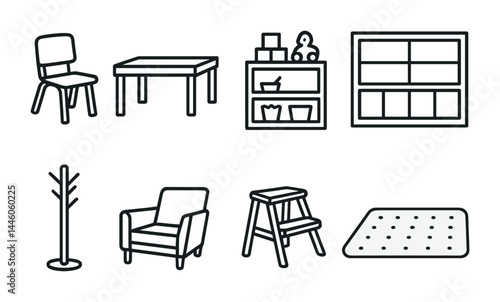 Home furniture linear icons set - outline style interior, decor, and organization symbols: chair, table, shelf, coat rack, armchair, step ladder, rug