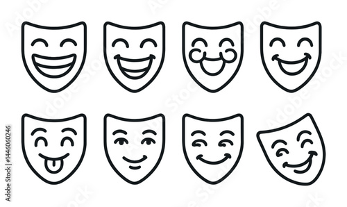 Collection of theatrical comedy masks illustrating various emotions for drama and performance themes