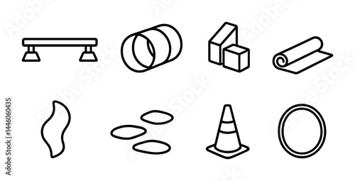 Playground equipment outline icons – line style kids, recreation, and fun activity symbols for design: slide, swing, tunnel, climbing blocks, safety cone, balance beam.