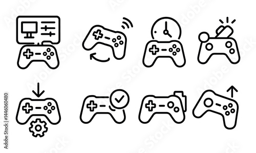 Gaming control icon set - outline style video game, console, multiplayer symbols for entertainment: joystick, settings, network, timer, gaming pad, achievement