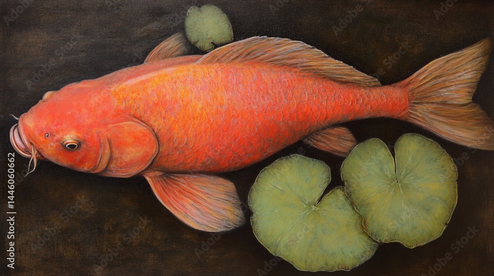 Vibrant orange koi fish on dark background with water plants