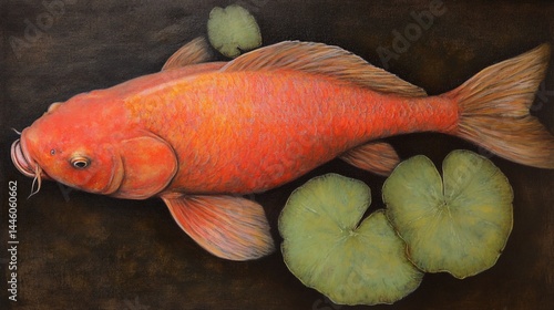 Obraz na płótnie Vibrant orange koi fish on dark background with water plants w salonie