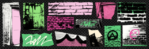 Pop-art style collage of grungy street walls, brick textures, and graffiti