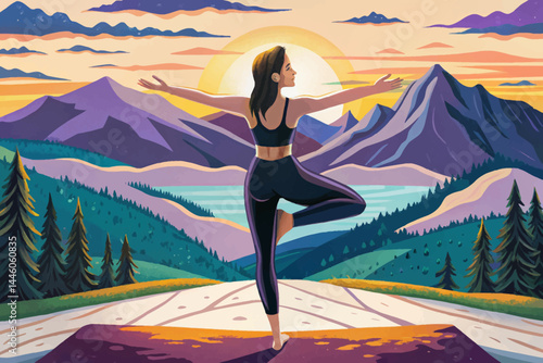 Amazing Back view of slim woman in black sportswear doing yoga exercise on one leg in mountains. sunset time vector