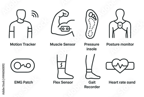 Wearable health technology icon set – outline style monitoring, fitness, and wellness symbols: motion tracker, muscle sensor, pressure insole, posture monitor, emg patch