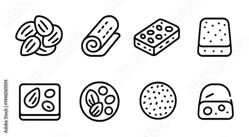 Gourmet nuts and snacks icon set – outline style culinary, food, and nutrition symbols for healthy eating: almonds, rolled oats, chia bar, sponge cake, cheese slice, seed mix, granola bar, cracker.