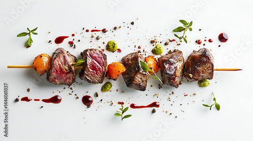 Gourmet grilled meat skewers on a white background, garnished with herbs and sauce spots. Delicious!