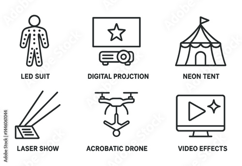 Festival innovation icons set – outline style entertainment, technology, and event symbols: led suit, digital projection, neon tent, laser show, acrobatic drone, video effects.