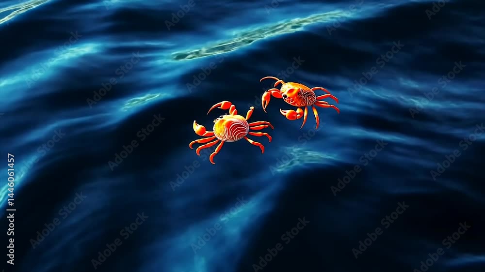 Two orange crabs on dark blue water