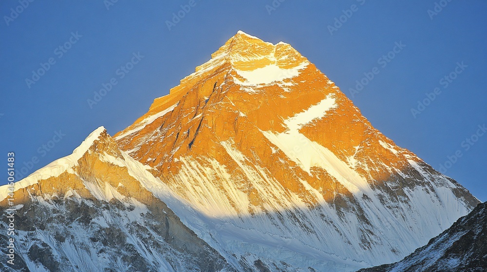 Majestic mountain peak bathed in golden sunrise light