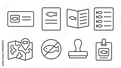 Fishing license icon set – outline style for outdoor recreation, permit documentation, and nature licensing: card, regulations, guide, map, no-fish, stamp, id badge.