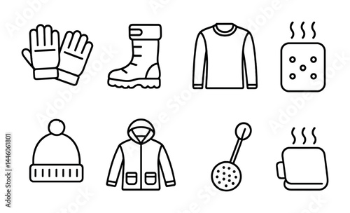Winter apparel and accessories outline icons set – linear style for cold weather: gloves, boots, sweater, heater, beanie, jacket, ladle, hot drink.