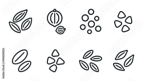 Organic seeds outline icon set – linear style for gardening, agriculture, and botany enthusiasts: sunflower seeds, pumpkin seeds, sesame seeds, chia seeds, flax seeds.