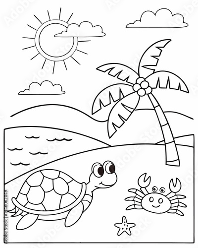 Turtles and Crabs Having Fun on the Beach Coloring Page. Easy to color, Kids Coloring Sheet