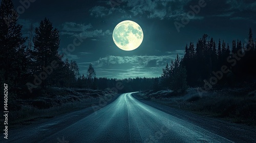 Moonlit road winding through a dark forest.