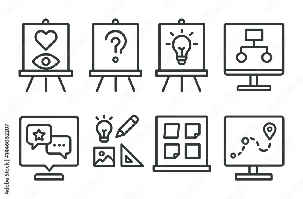 Creative strategy outline icons set – line style art, design, and innovation symbols for visual planning: heart, question mark, lightbulb, flowchart, chat, brainstorm. Creative strategy outline icons set – line style art, design, and innovation symbols for visual planning: heart, question mark, lightbulb, flowchart, chat, brainstorm.