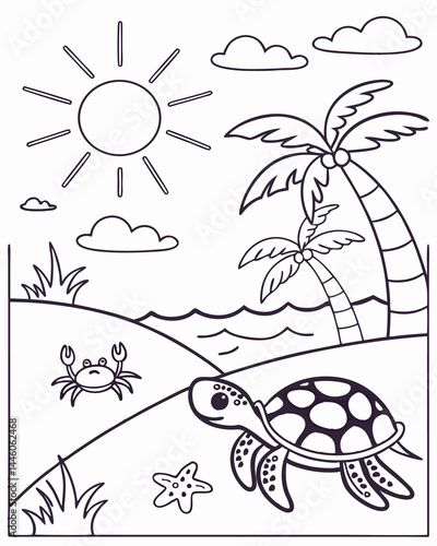 Turtles and Crabs Having Fun on the Beach Coloring Page. Easy to color, Kids Coloring Sheet