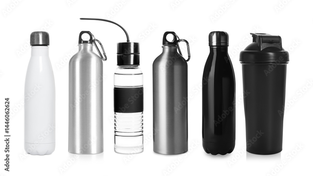 Different water bottles and shaker isolated on white, set Different water bottles and shaker isolated on white, set
