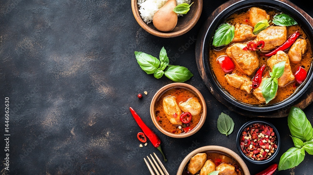 Spicy chicken curry served in a dark, earthenware pot, alongside rice and chili peppers. Small bowls of curry and herbs are scattered around