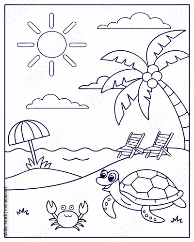 Turtles and Crabs Having Fun on the Beach Coloring Page. Easy to color, Kids Coloring Sheet