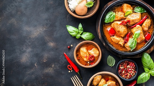 Obraz na płótnie Spicy chicken curry served in a dark, earthenware pot, alongside rice and chili peppers. Small bowls of curry and herbs are scattered around w salonie