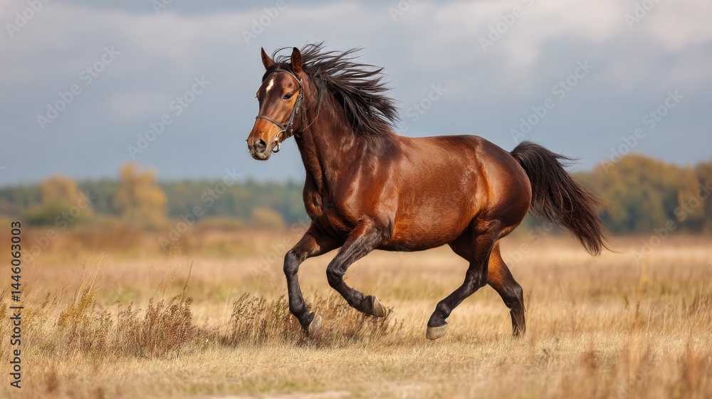 Chestnut Horse Galloping Across Autumnal Field Under Dramatic Sky Chestnut Horse Galloping Across Autumnal Field Under Dramatic Sky