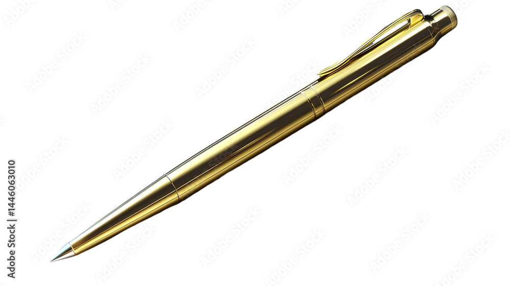 A golden pen with a clip resting diagonally on a transparent background in a studio shot with soft lighting A golden pen with a clip resting diagonally on a transparent background in a studio shot with soft lighting