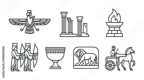 Ancient persia icons collection – outline style cultural heritage and history symbols: faravahar, columns, flame, warriors, goblet, lion, chariot