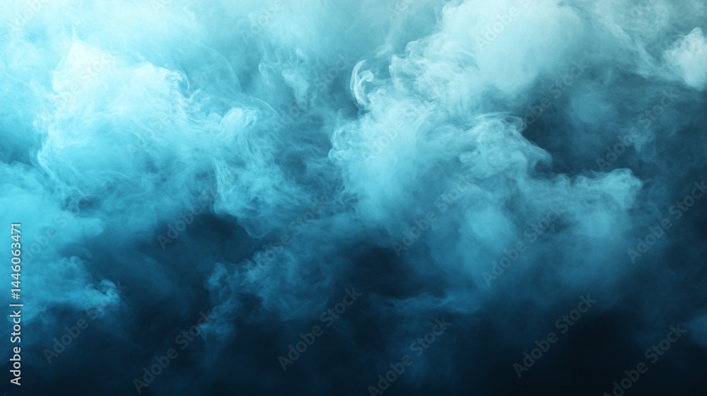 Naklejka premium Swirling blue and teal smoke, abstract underwater scene, tranquil and serene atmosphere, perfect for backgrounds and designs.