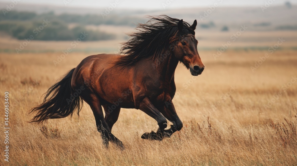 Bay Horse Galloping Through Golden Autumn Field Bay Horse Galloping Through Golden Autumn Field
