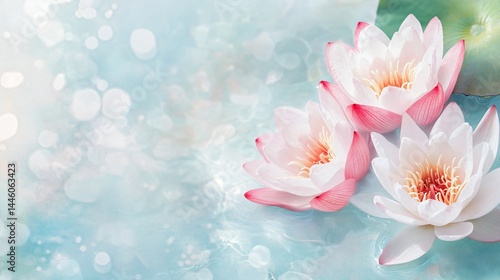 Serene water lilies floating, delicate pink and white flowers on a tranquil blue surface, perfect for relaxation themes.