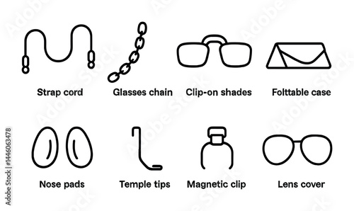 Eyewear accessories outline icons set – linear style vision care, eyeglass maintenance symbols: strap cord, glasses chain, clip-on shades, foldable case, nose pads, temple tips, magnetic clip, lens