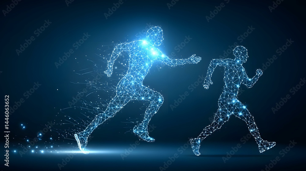 Naklejka premium personal trainer guiding a transparent human figure through bodyweight exercises