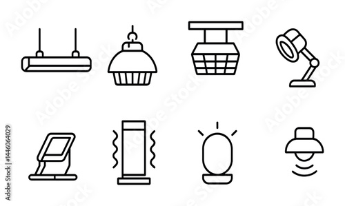 Modern lighting outline icon set – line style illumination, home decor, and interior design symbols: pendant, chandelier, ceiling light, desk lamp, smart light, floor lamp, bulb.