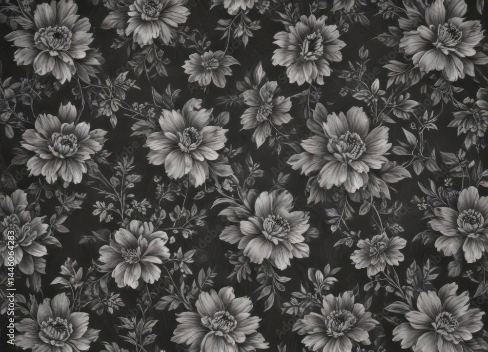 Small scale charcoal floral wallpaper design Elegant, repeating pattern ideal for interiors , paper, textile Small scale charcoal floral wallpaper design Elegant, repeating pattern ideal for interiors , paper, textile