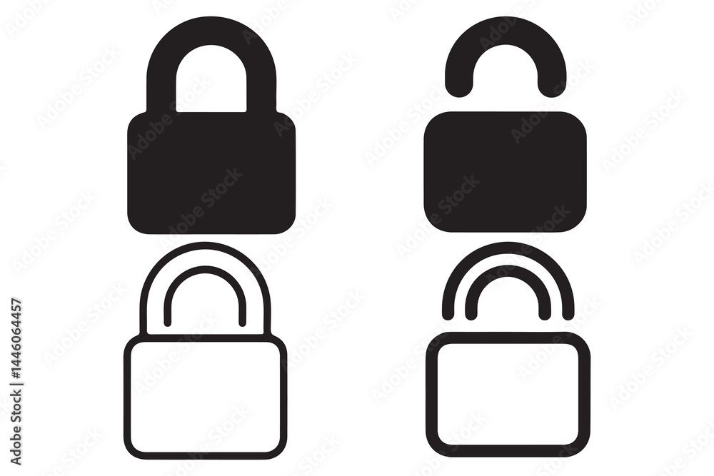 Vector set of open and closed padlock icons in black and outline style isolated on white background for security, privacy, access control, password protection, and cybersecurity interface design Vector set of open and closed padlock icons in black and outline style isolated on white background for security, privacy, access control, password protection, and cybersecurity interface design