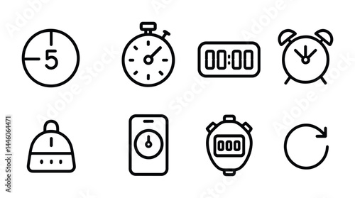 Time management linear icons set – outline style clock, stopwatch, and alarm symbols for efficient scheduling: timer, hourglass, countdown, analog clock, stopwatch, digital watch, round clock, repeat