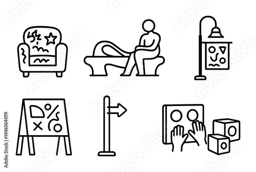 Accessibility and inclusion linear icons set – outline style disability support, adaptive design, and universal access symbols: wheelchair, hearing aid, braille, sign language, accessible bathroom