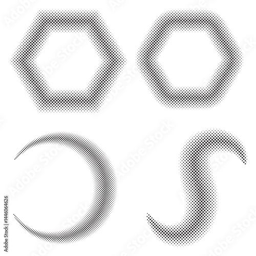 Artistic halftone patterns with geometric shapes including diamond octagon circle crescent design background and backdrop