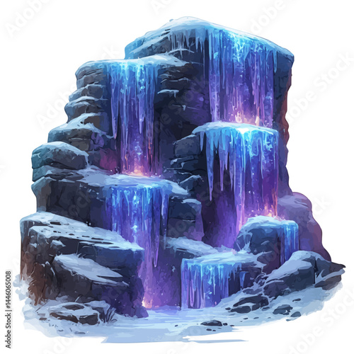 Underground Ice Cave With Glowing Ice Formations, watercolor vector, isolated on a white background.