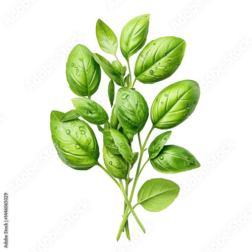 Fresh green basil leaves glistening with water droplets isolated on white.