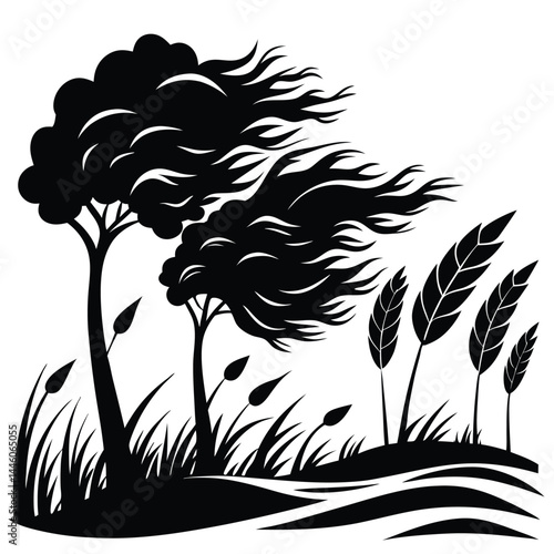 Black Silhouette Trees in Wind, Reeds, Grassy Knoll, Landscape, White Background