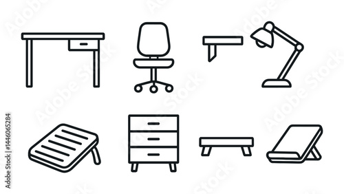 Home office furniture icon set - outline style with workspace, design, and organization symbols: desk, chair, shelf, lamp, footrest, drawer, stand, lounger