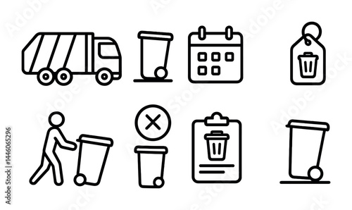 Recycling and waste management icons – outline style eco-friendly, sustainability, and waste reduction symbols: garbage truck, recycle bin, calendar, tag, clipboard, prohibition