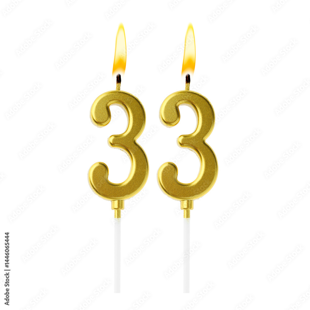 Burning golden cake candles composing number 33 on white background. Festive decoration for birthday or other special date