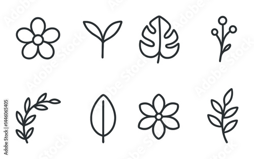 Nature and botany outline icon set – linear style plant, leaf, and floral symbols for eco design: flower, leaf, branch, sprout, tropical, foliage, blossom, botanical.